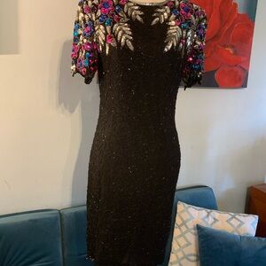 Vintage 80s Silky Nites 100% Silk Black Cocktail Dress Sz S Floral Sequin